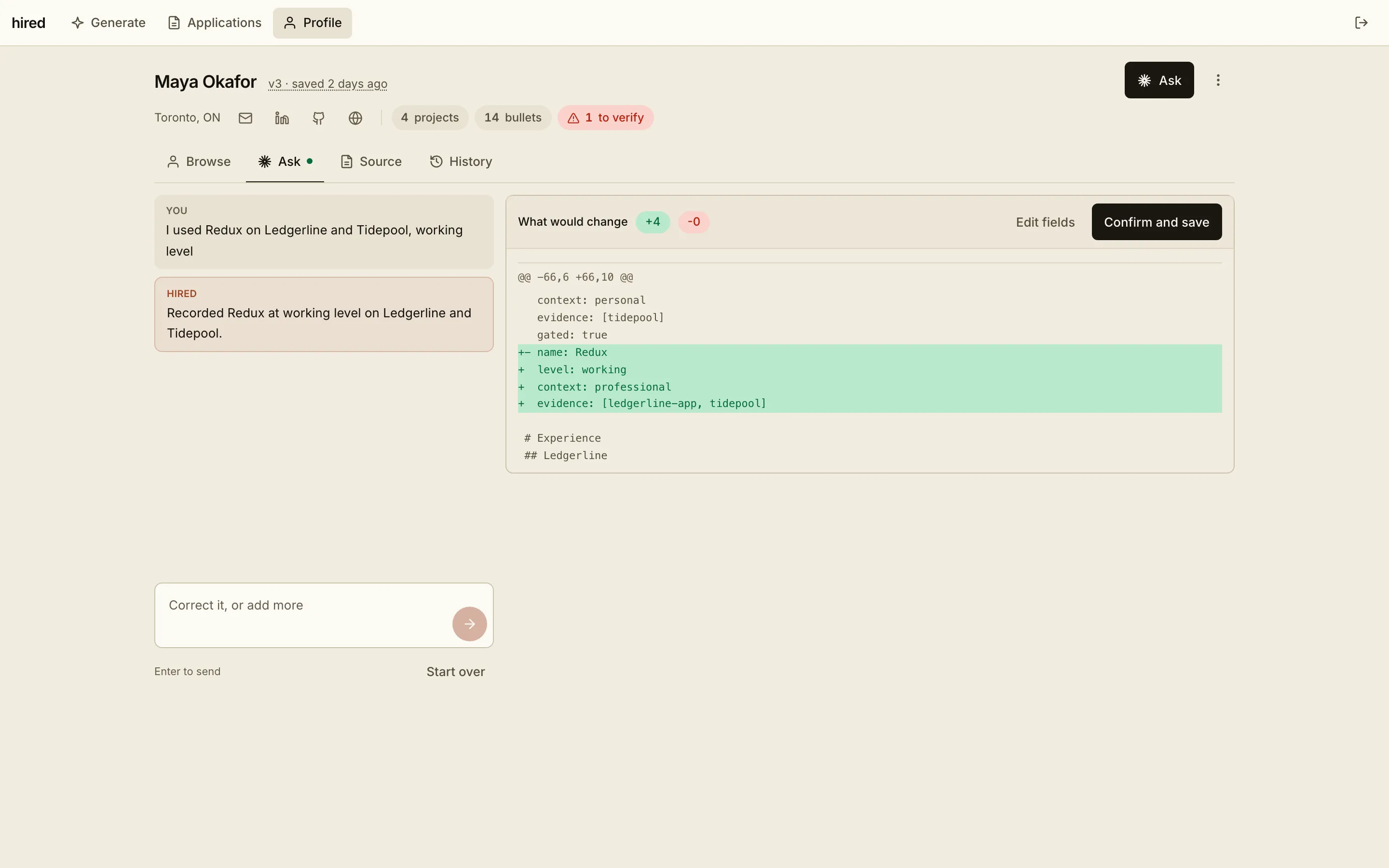 Profile Ask tab: a one-line request, the reply, and a five-line diff adding Redux at working level, with a Confirm and save button.