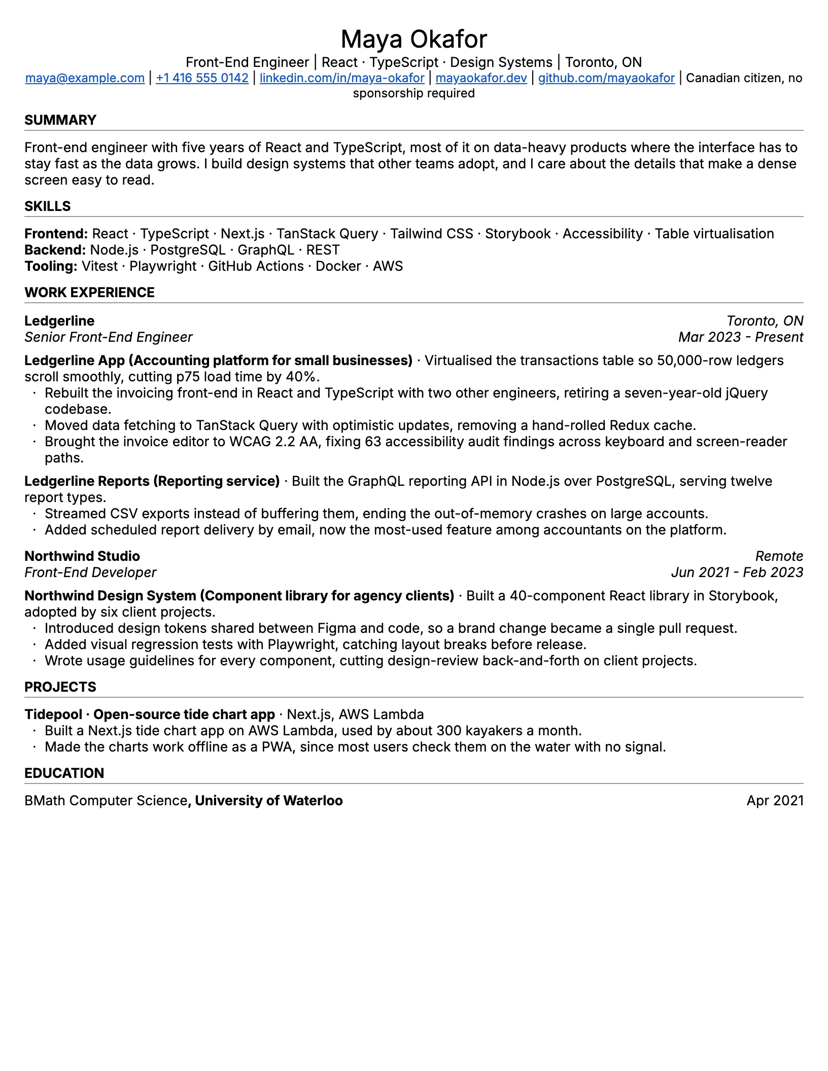 The exported one-page CV for the fictional Maya Okafor, tailored to a senior front-end posting.