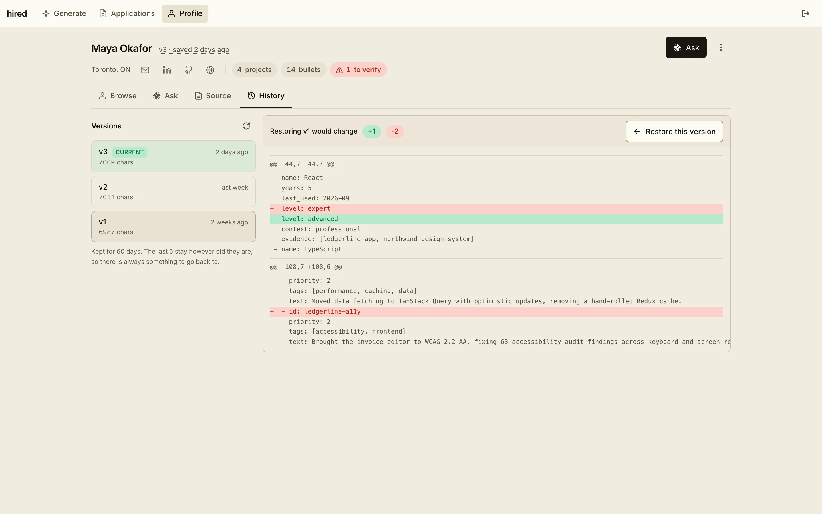 Profile History tab: three versions, and the diff restoring v1 would apply.