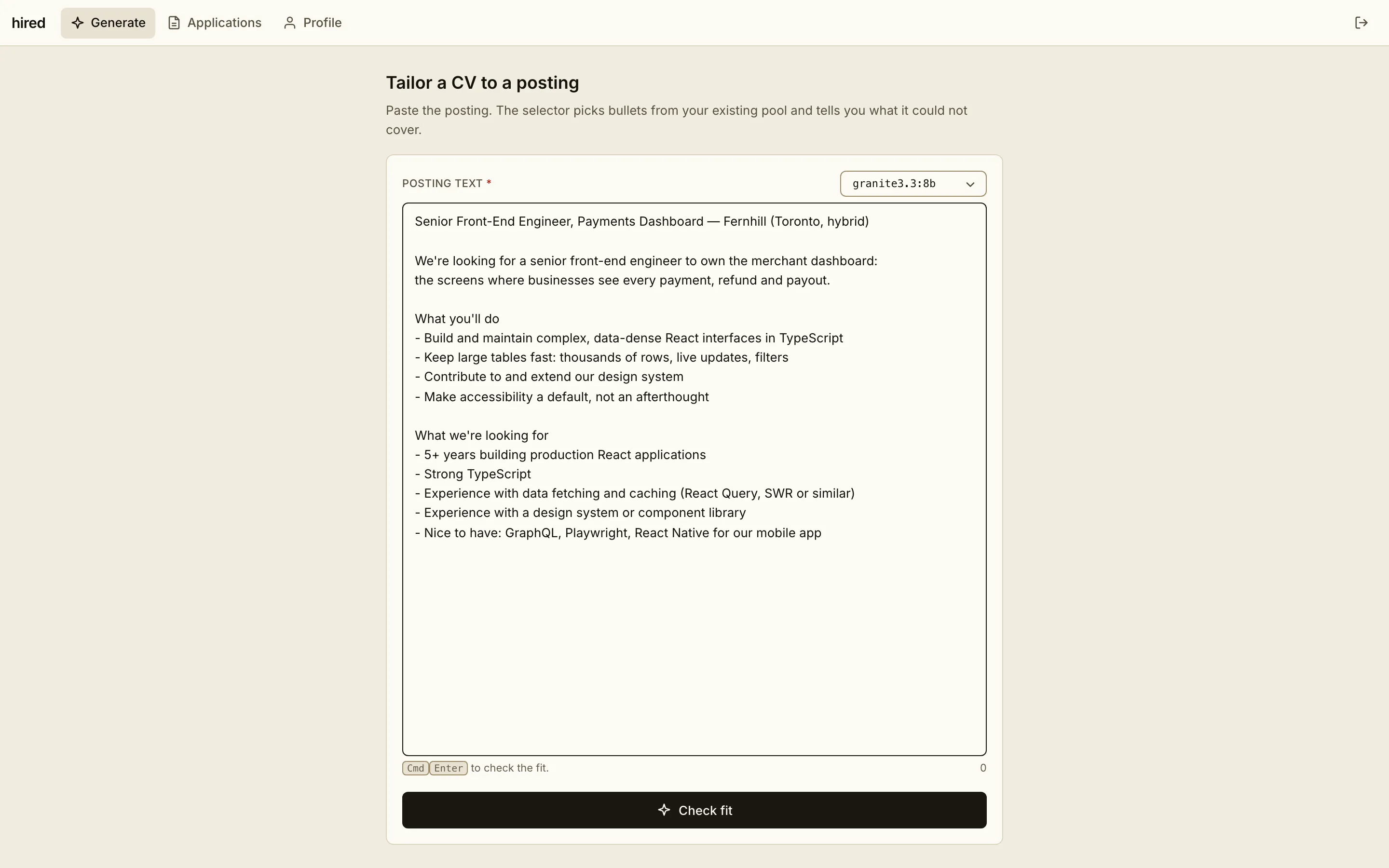 Generate screen with a pasted job description, a model picker set to granite3.3:8b, and a Check fit button.
