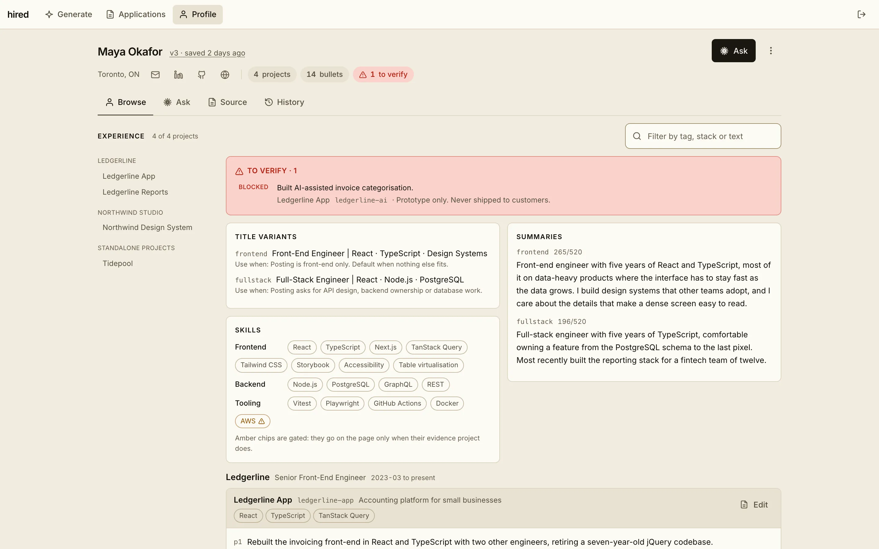 Profile screen: version, project and bullet counts, one blocked bullet to verify, title variants, summaries and skills.